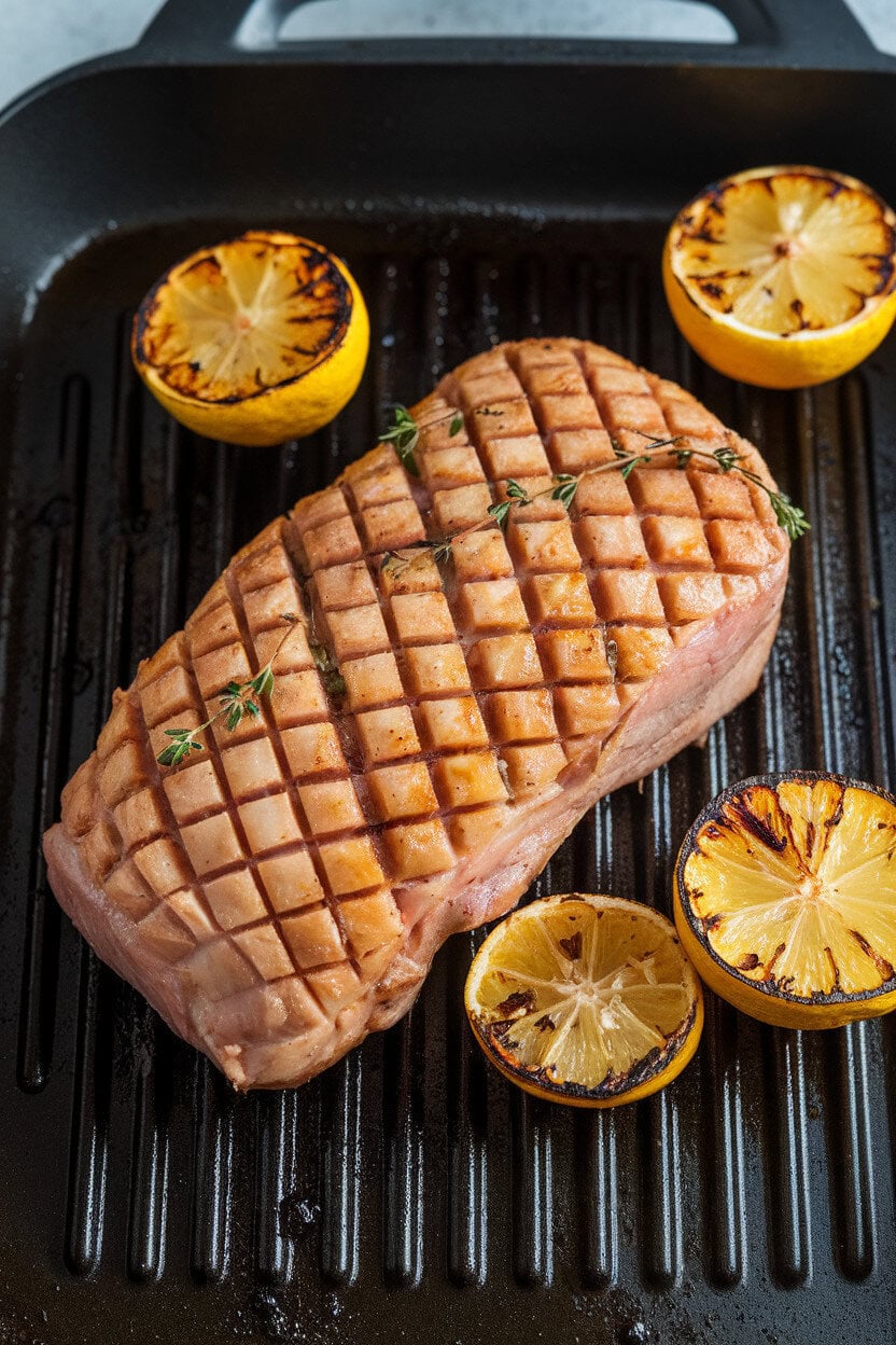 Indoor grill pan with cross-hatched lemon-thyme pork loin, grilled lemon halves alongside; no text or branding.