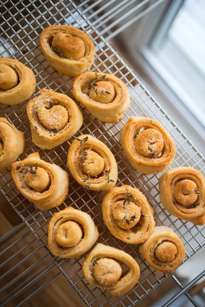 Indoor cooling rack filled with flaky palmier pinwheels speckled with Parmesan and thyme leaves—overhead shot, no text or logos.