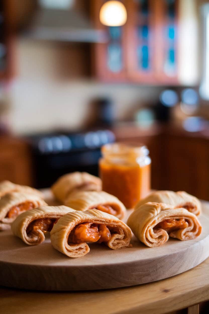 A cozy indoor pastry board with rolled crescent-shaped rugelach cookies, apple butter filling peeking out, a small jar of apple butter in background. No text or logos. Photo, not illustration.