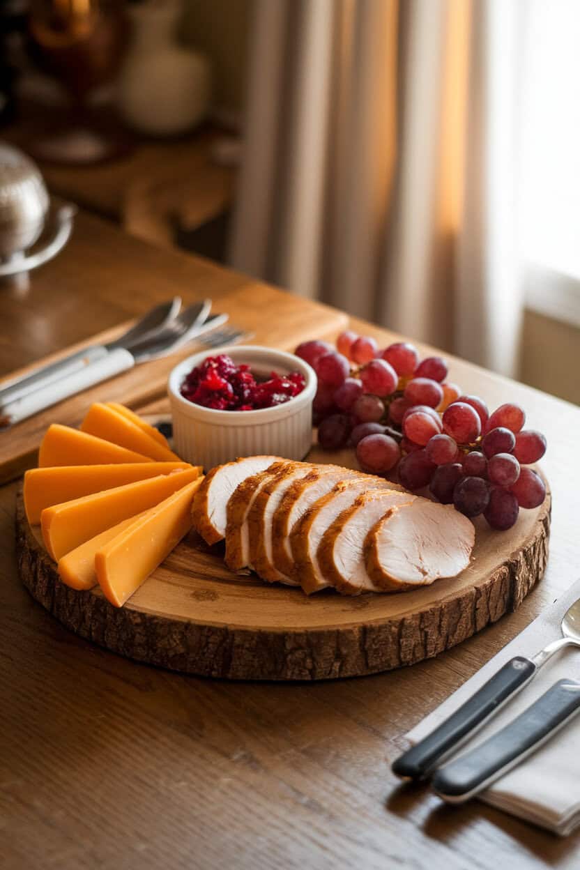 A warmly lit indoor dining table featuring a rustic wooden board with sliced roasted turkey breast, sharp cheddar wedges, cranberry relish in a small white ramekin, and clusters of red grapes. Photo only, no text or logos.
