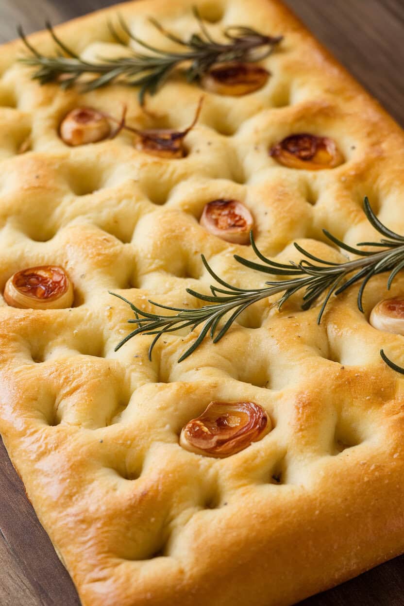 Indoor image of a rectangular focaccia dotted with rosemary sprigs and roasted garlic cloves, golden and oily. No text or logos.