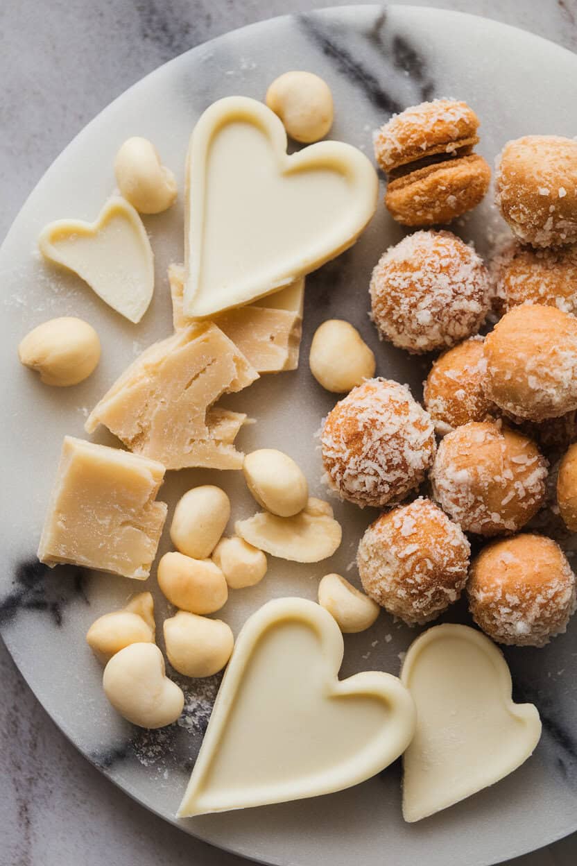 Indoor photo of white chocolate shards, aged parmesan chunks, coconut-dusted macaroons, and macadamia nuts on a frosty-toned marble board. No text or logos. Photo, not illustration.