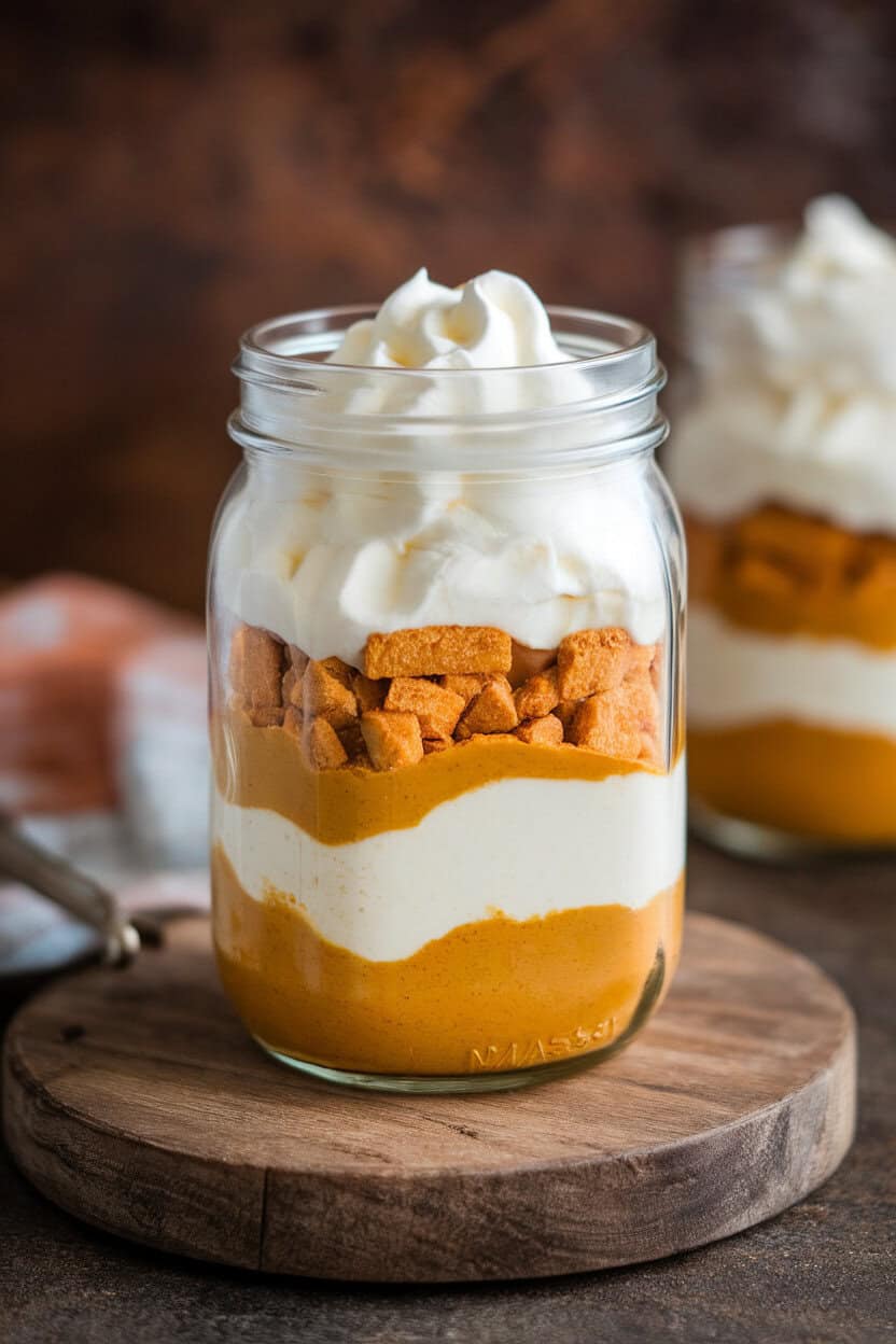 An indoor tray of mason jars layered with pumpkin mousse, crushed gingersnaps, and whipped cream. No text or logos.