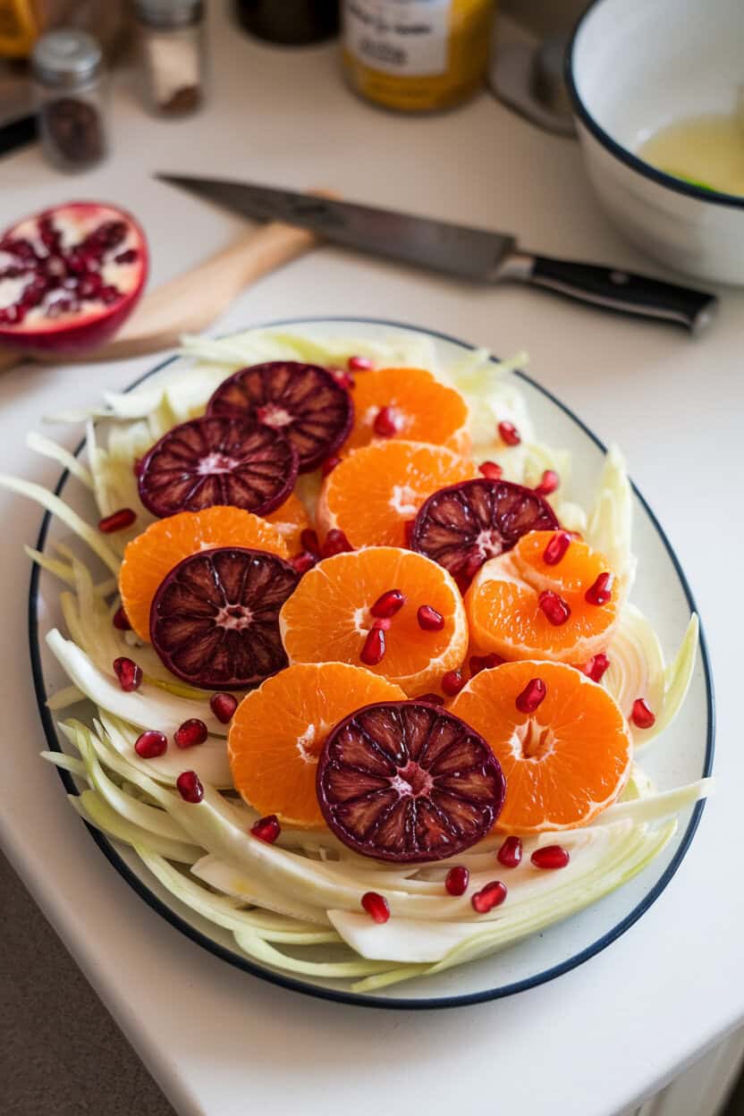 An indoor kitchen counter with a shallow platter of blood orange and cara cara orange segments layered over shaved fennel and sprinkled with pomegranate arils, light vinaigrette glistening. No text or logos. Photo only.