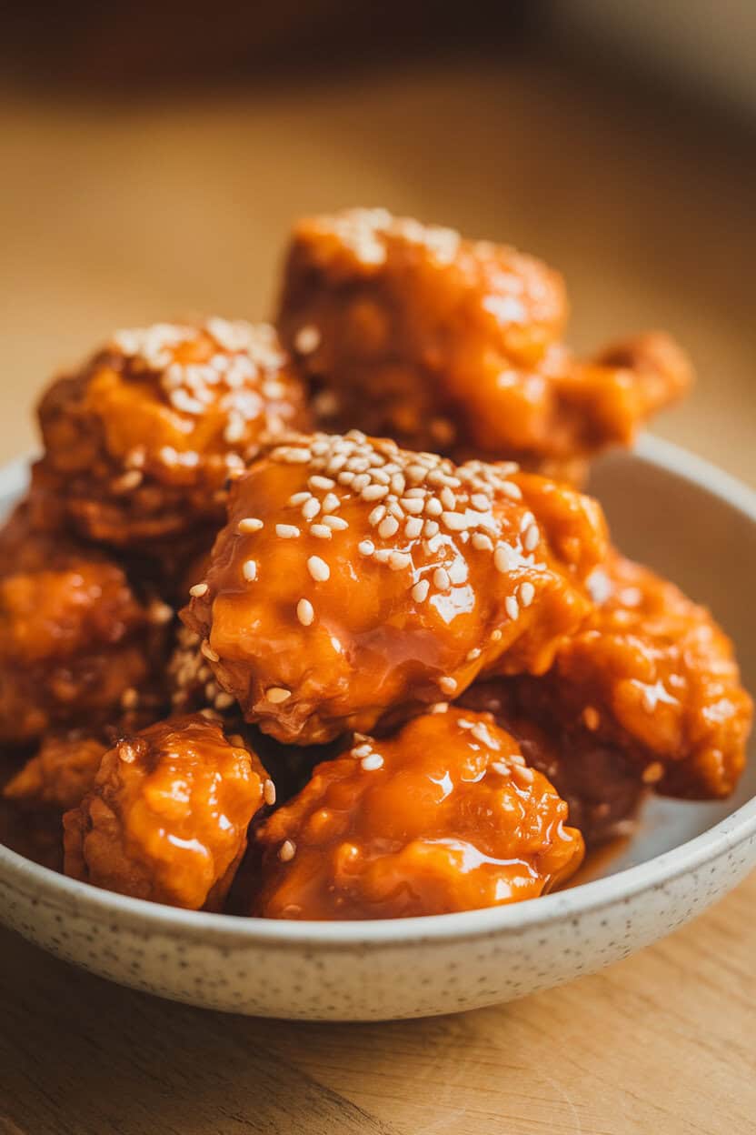 An indoor setting with a bowl of crispy orange chicken glazed in a shiny citrus sauce, garnished with sesame seeds; no text or logos; photo