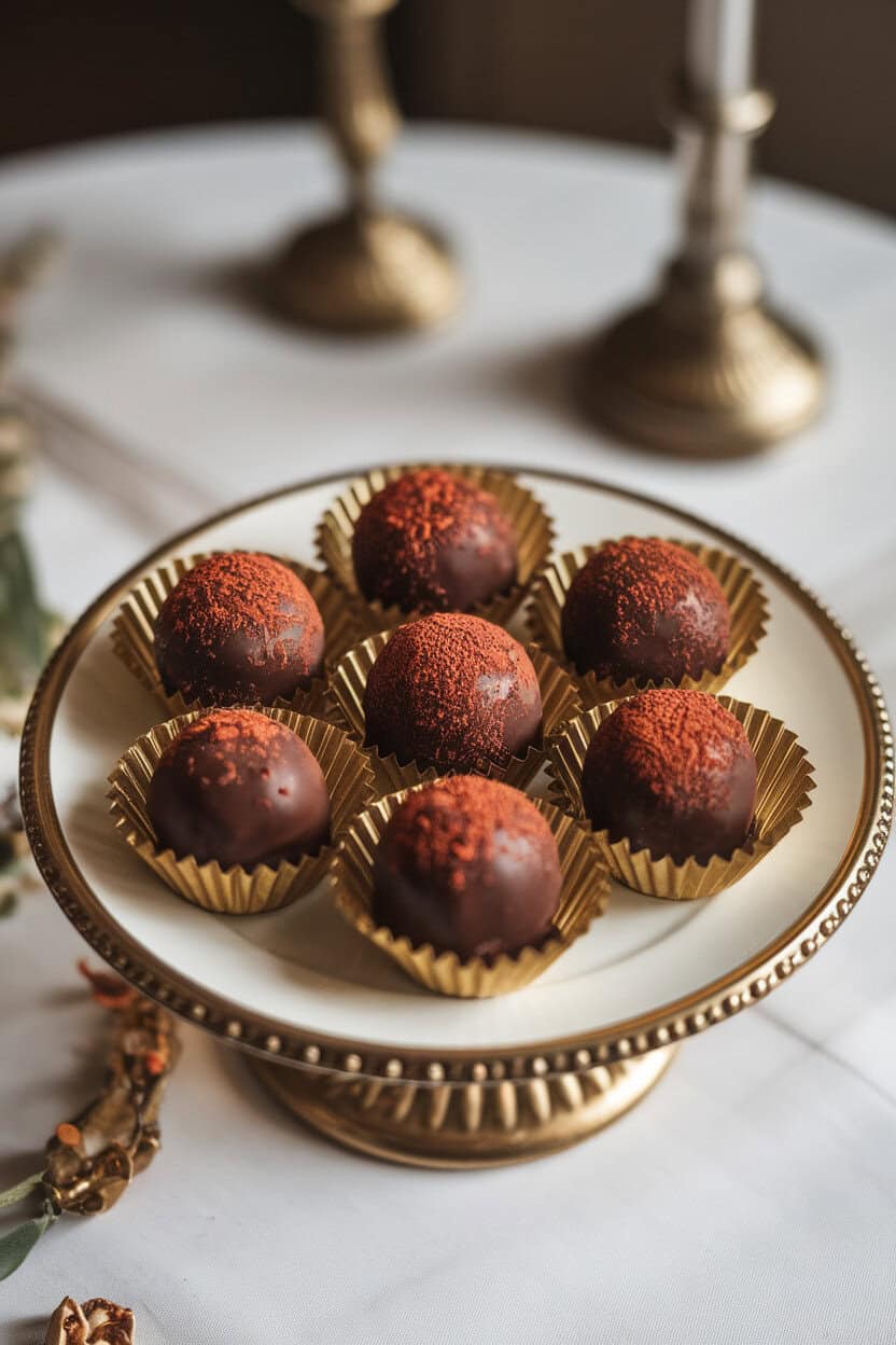 Indoor dessert plate holding round dark-chocolate truffles dusted with cocoa and cayenne, arranged in gold foil cups. No text or logos.