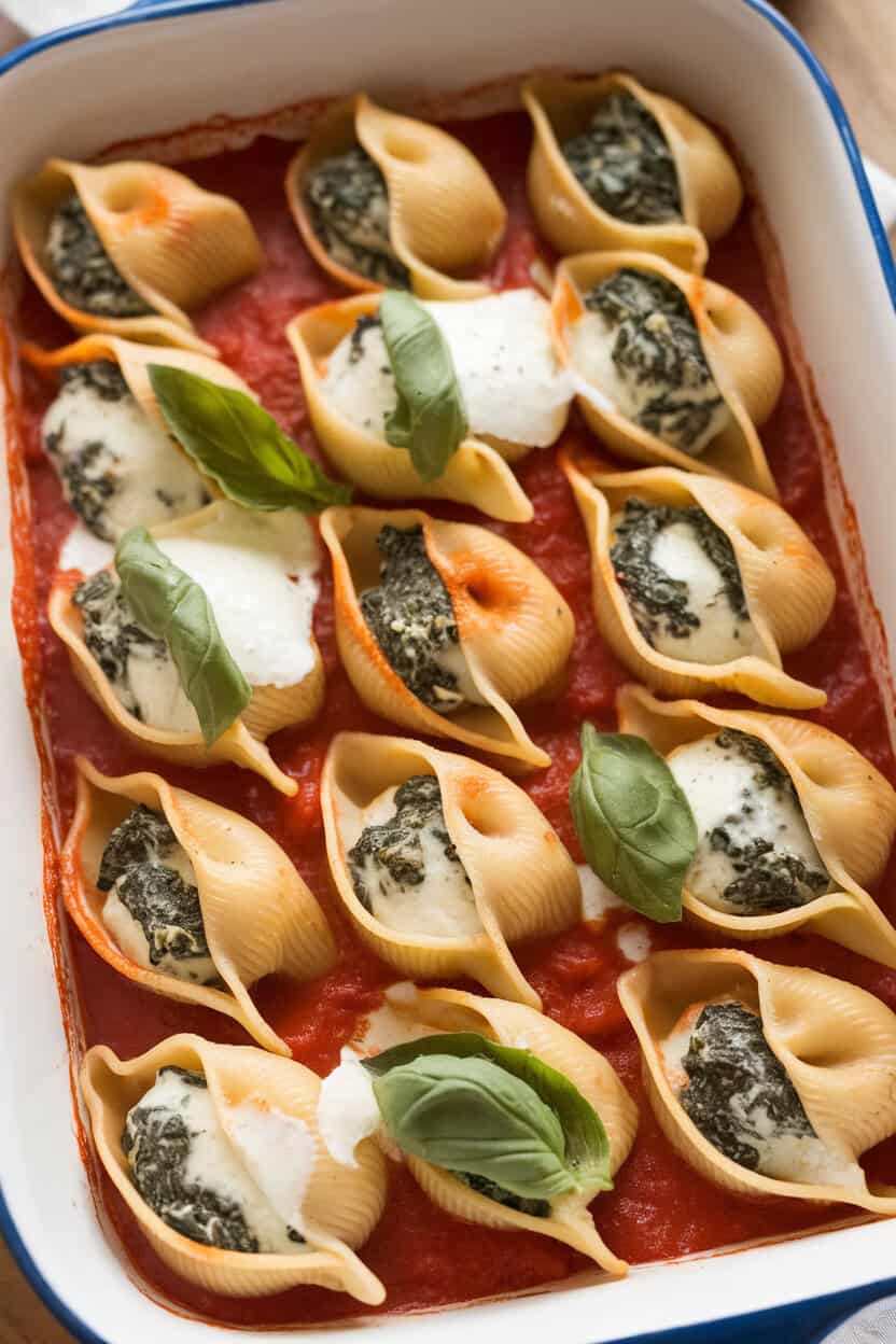 An indoor casserole dish filled with jumbo pasta shells stuffed with spinach-ricotta filling, marinara sauce pooled underneath and melted mozzarella on top. No text or logos. Photo, not illustration.