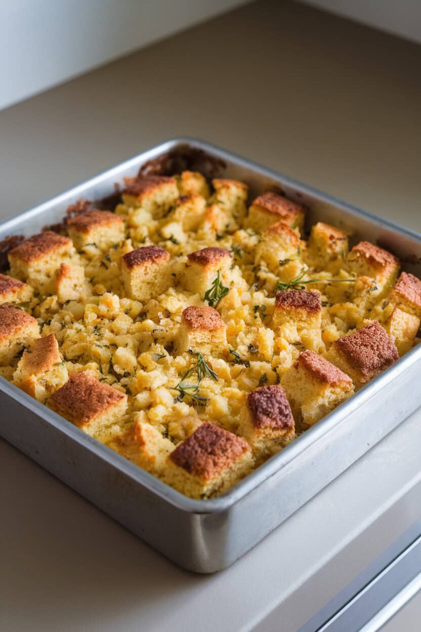 A square baking dish resting on an indoor countertop containing golden cornbread dressing with crisp browned corners and flecks of herbs. No visible branding or text. Photo.</Prompt