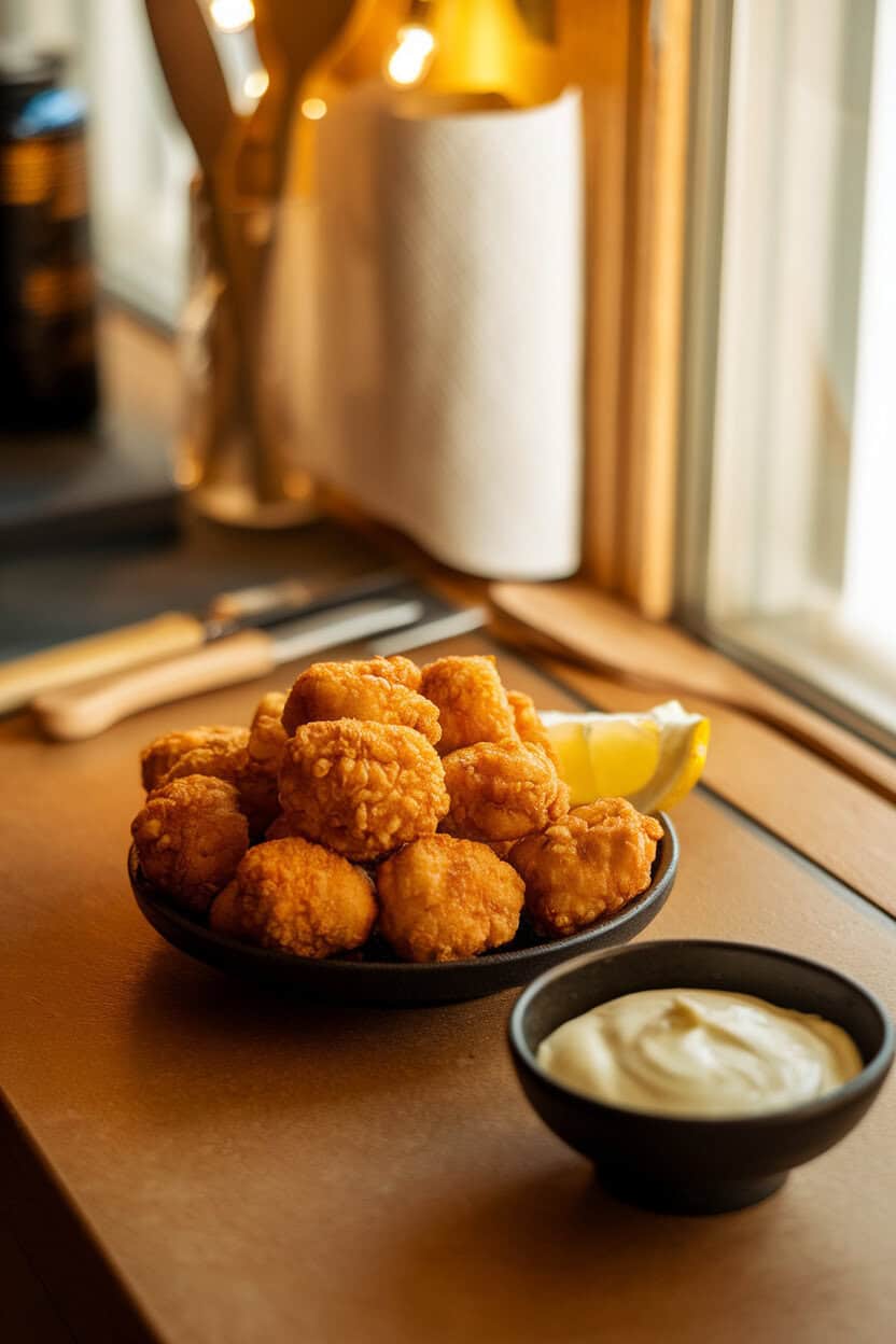 A warmly lit indoor countertop displaying a small platter of golden, bite-sized chicken karaage pieces with a wedge of lemon on the side. A dipping dish of mayonnaise is nearby. No text or logos anywhere in the scene. Photo, not illustration.