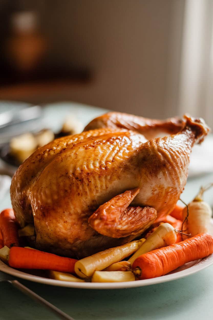 An indoor dining table set with a golden roast chicken brushed in maple glaze, surrounded by roasted carrots and parsnips. Soft evening light, no logos or text visible; photo, not illustration.