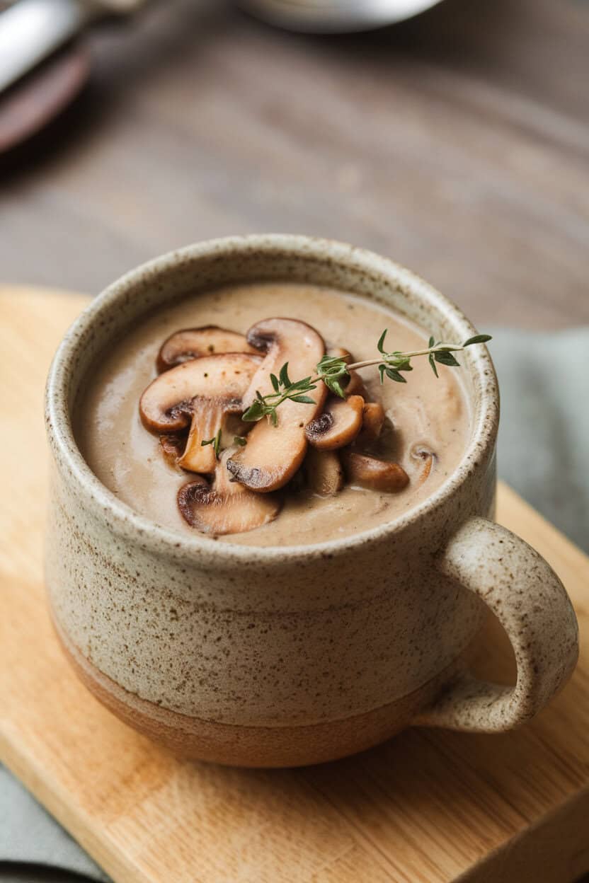 Indoor close-up of a stoneware mug brimming with creamy mushroom soup, topped with sautéed sliced mushrooms and a sprig of thyme. Photo, no text or logos