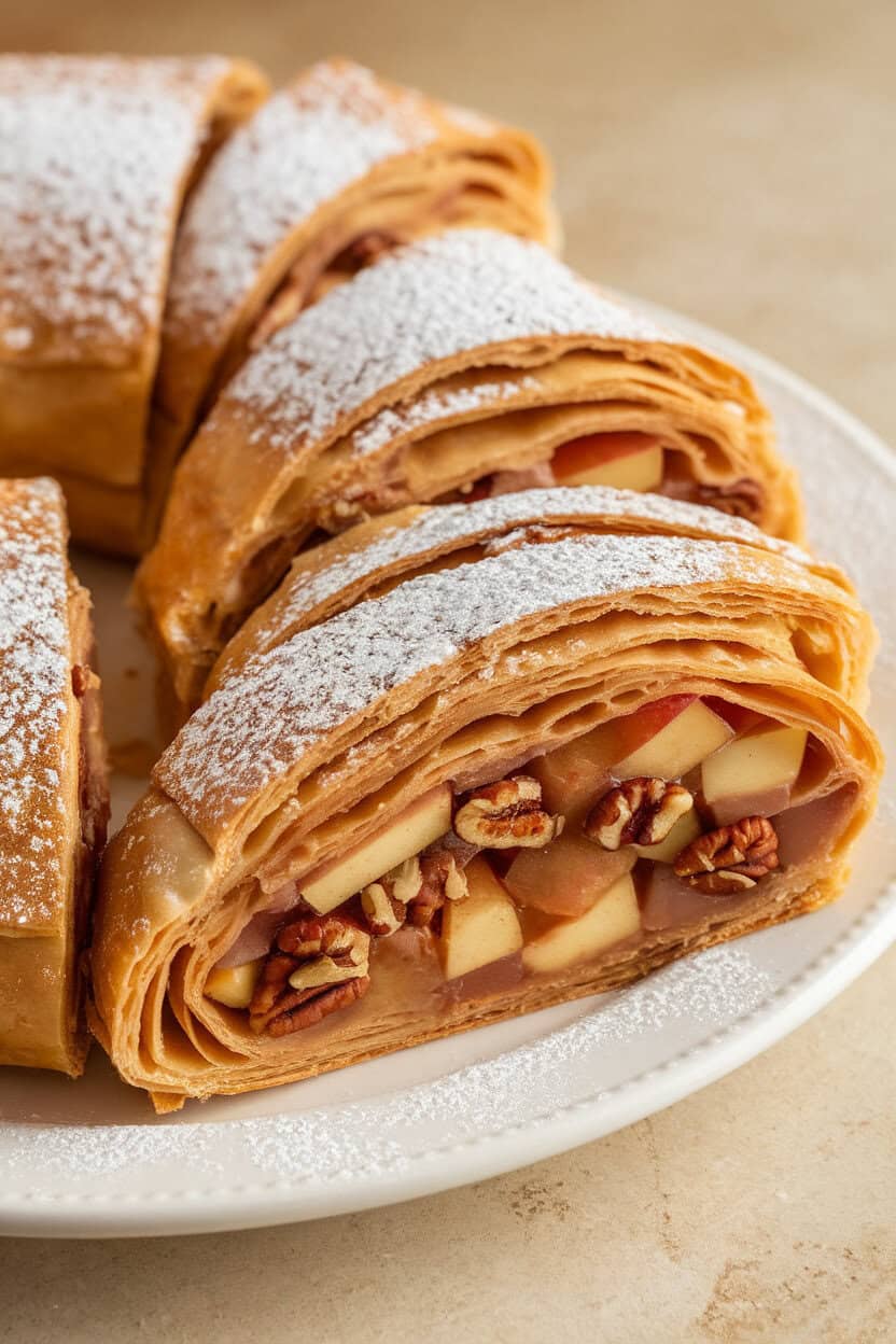 Indoors, a sliced strudel showing thin pastry layers around apple and pecan filling, powdered sugar dusting the top. No text or logos present. Photo only.