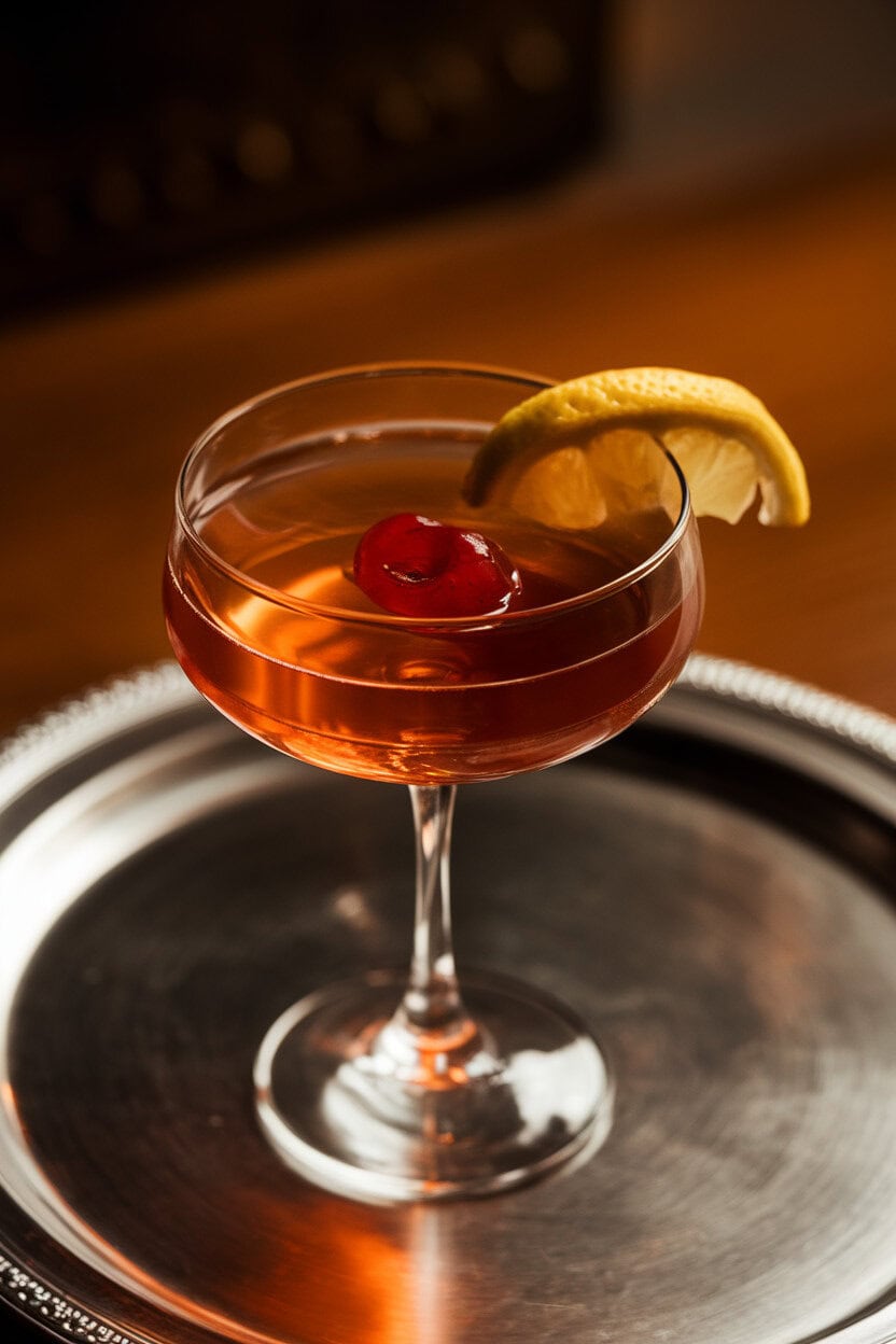 Indoor photo of a chilled coupe filled with a dark amber cocktail, brandied cherry sinking slightly, warm backlighting, no text or logos.