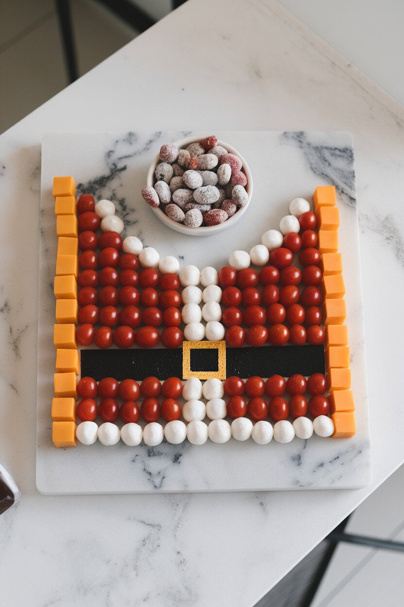 Indoor photo of a marble board featuring cheddar cubes, red cherry tomatoes, and mozzarella pearls arranged to resemble Santa’s red and white suit. Include sugar-dusted almonds in a small dish; no text or logos. Photo, not illustration.