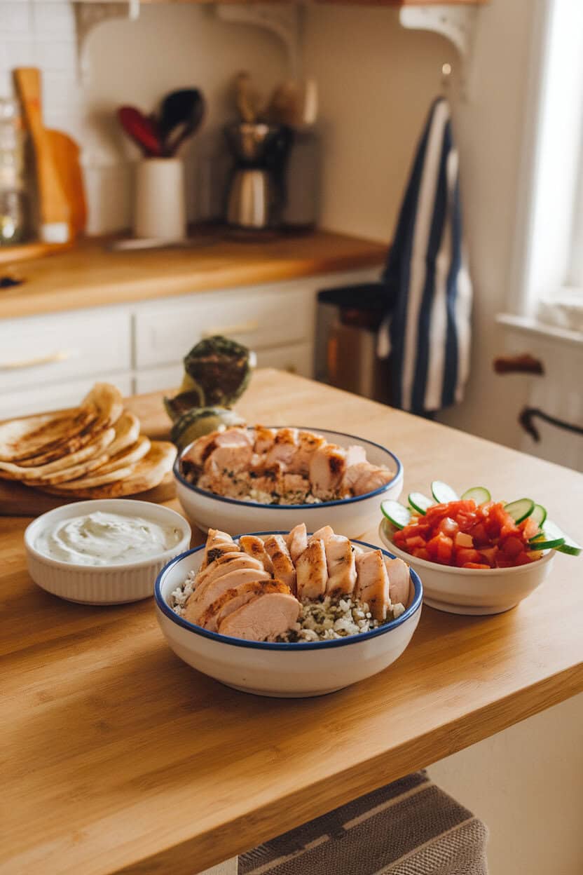 Indoor kitchen island with bowls of sliced chicken, herbed rice, cucumber-tomato salad, and tzatziki, arranged gyro-bowl style. No text or logos visible.