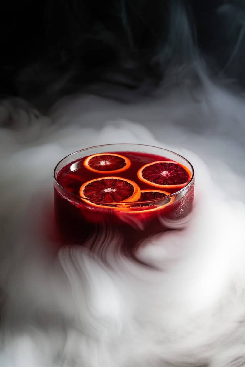 An indoor punch bowl filled with deep crimson punch, floating blood orange slices and dry-ice fog cascading over the rim. No text or logos; photo only.