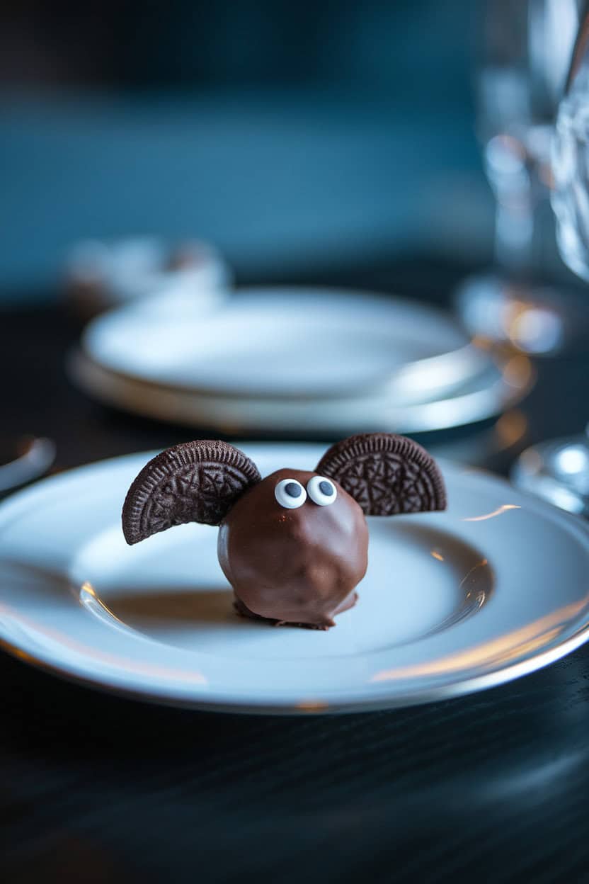 Indoor dessert plate with chocolate-coated Oreo truffles sporting cookie “wings” and tiny white candy eyes. Soft ambient lighting; no logos. Photo only.
