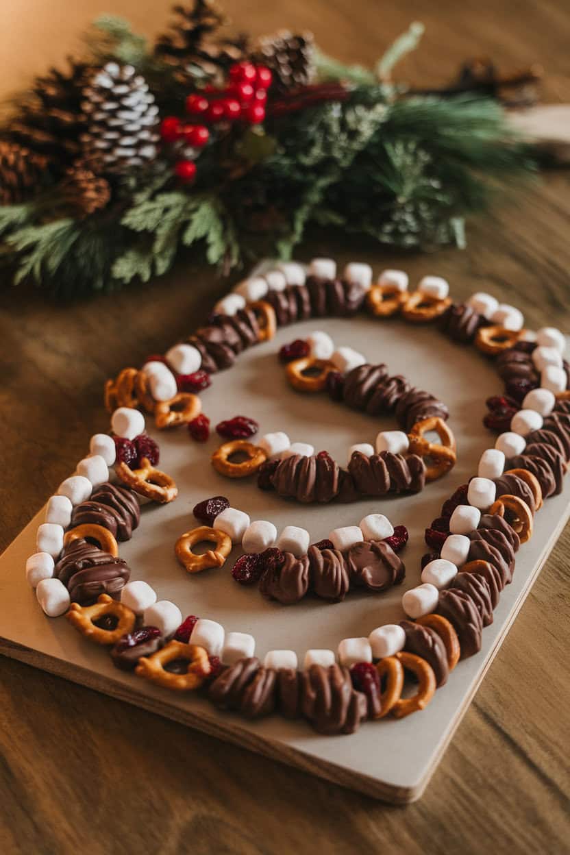 Indoor photo of a rectangular board with neat piles of chocolate-covered pretzels, dried cranberries, roasted cashews, and tiny marshmallows arranged in winding “reindeer tracks.” No text or logos. Photo, not illustration.