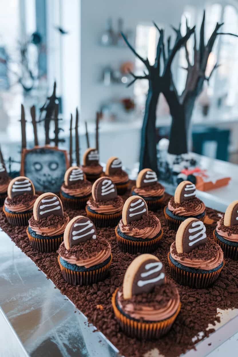 An indoor bakery counter setting with chocolate cupcakes topped with cookie crumb “dirt,” half-buried cookie tombstones marked with icing ripples. No text or logos; photo only.