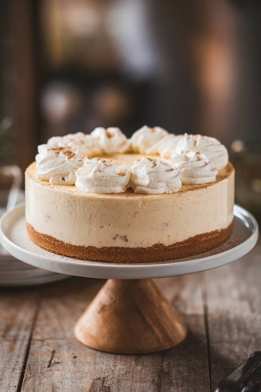 An indoor cake stand featuring a creamy eggnog cheesecake topped with whipped cream and a dusting of nutmeg; photo, no text or logos.