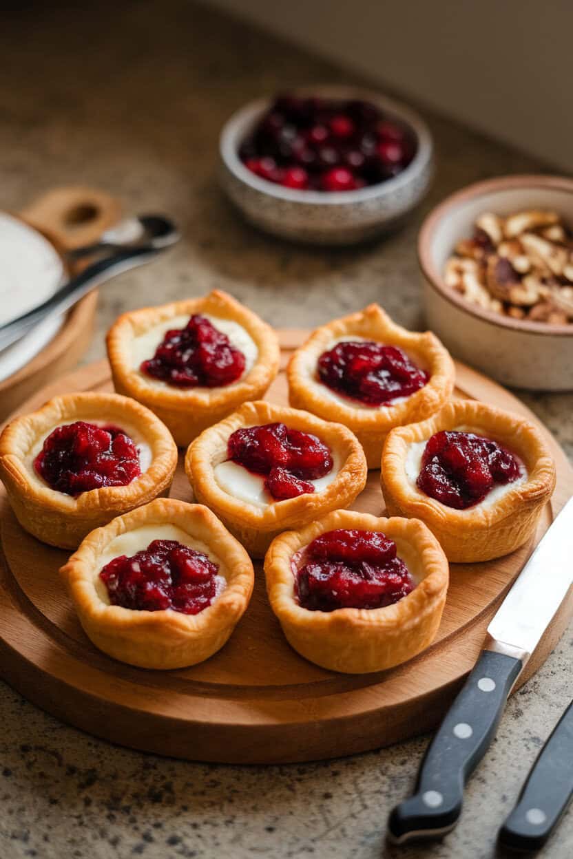 An indoor countertop with a wooden board holding golden puff-pastry cups filled with melted brie and jewel-toned cranberry sauce; soft background blur, no text or logos. Photo.