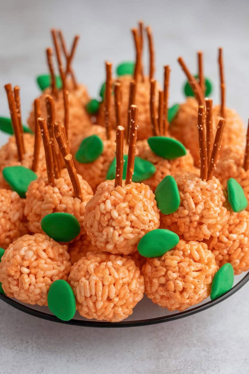 Indoor platter of round orange-tinted Rice Krispie balls with pretzel-stick stems and green candy leaves. No logos. Photo only.