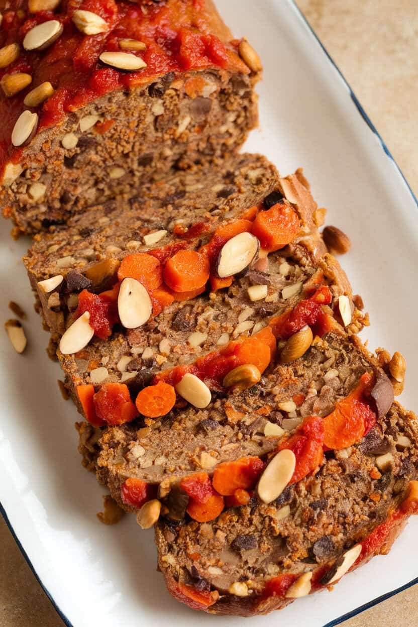 Indoor photo of nut roast slices studded with vegetables and nuts, topped with tomato glaze on a white platter. No text or logos.