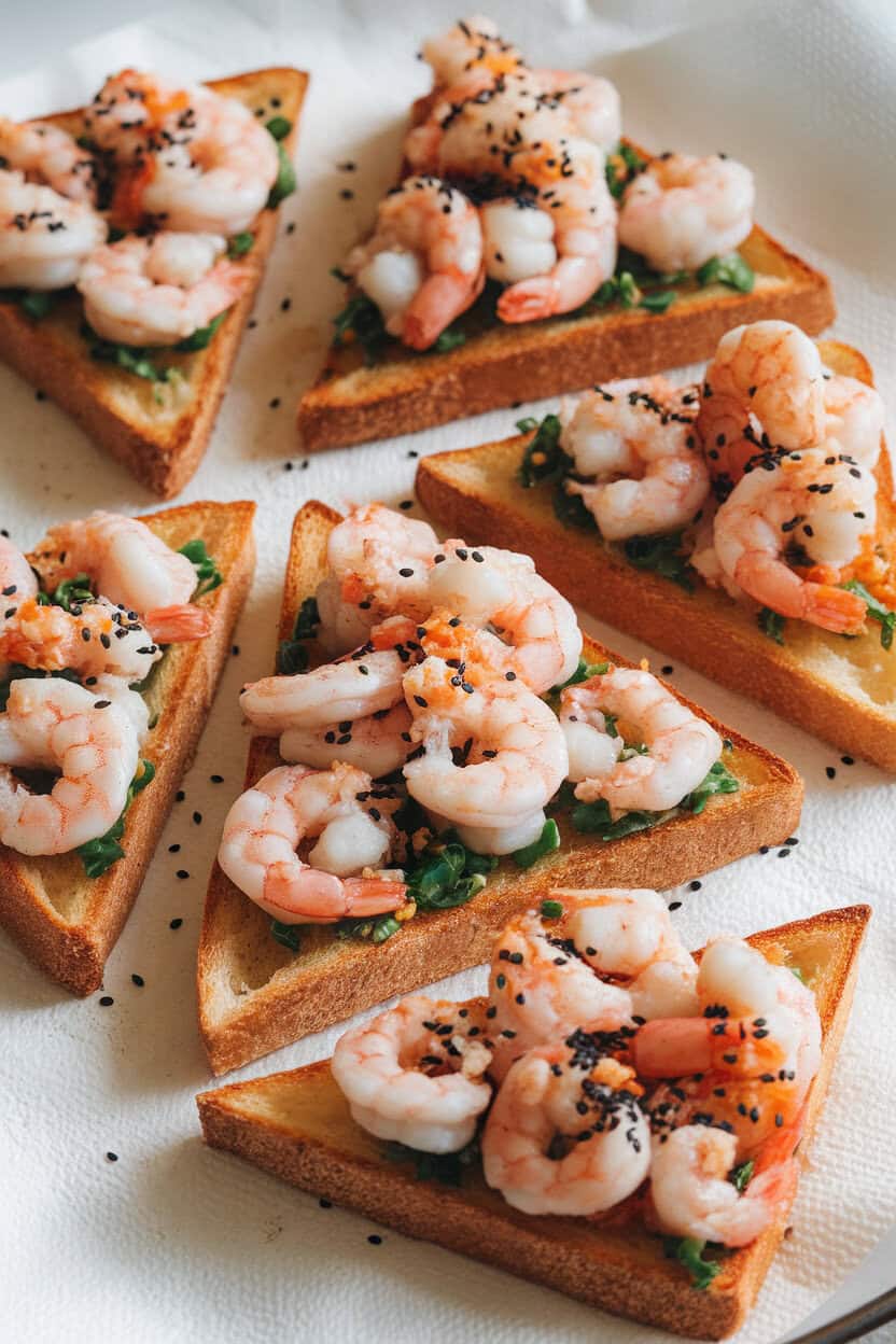 Photo of triangle toasts indoors topped with minced cooked shrimp mixture and sesame seeds, fried until golden, draining on paper towel; no logos