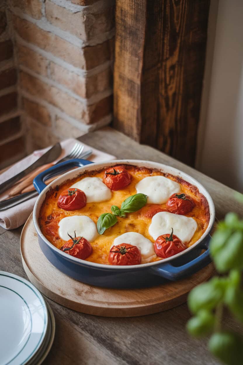 A cozy indoor table with a casserole decorated by melted mozzarella puddles, roasted tomato slices, and fresh basil leaves on top. No text or logos. Photo only.