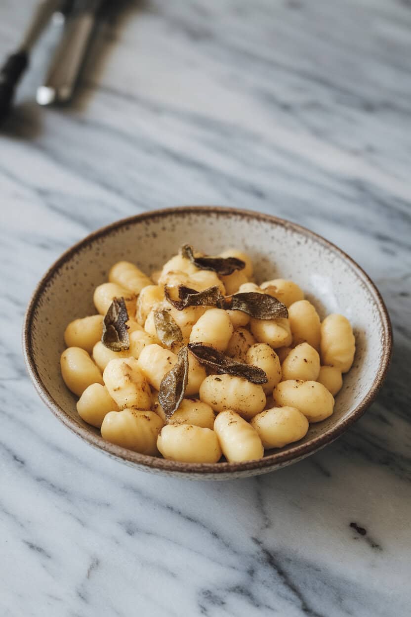 A shallow bowl of potato gnocchi coated in browned butter flecked with crispy sage leaves, placed on an indoor marble tabletop. No text or logos; photo, not illustration.