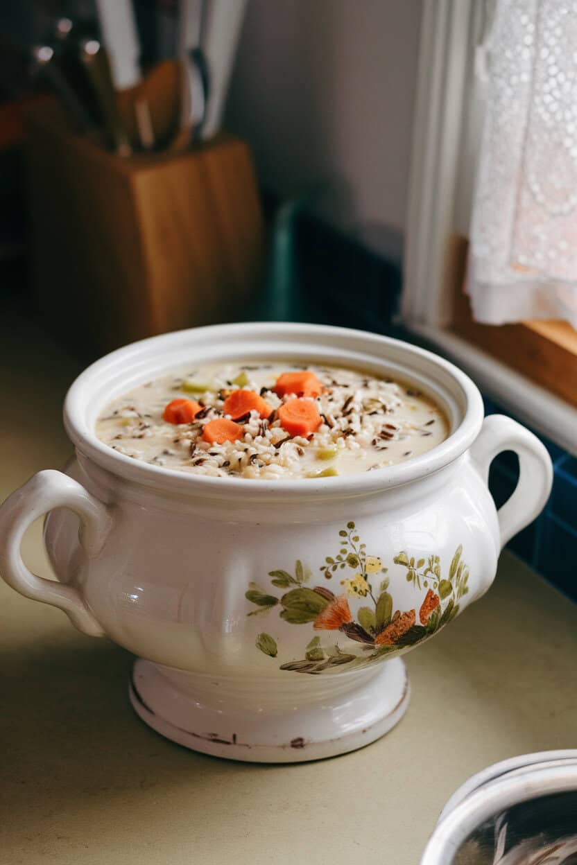 A white ceramic soup tureen on an indoor counter filled with creamy chicken and wild rice soup, diced carrots and celery visible. No text or logos. Photo, not an illustration.