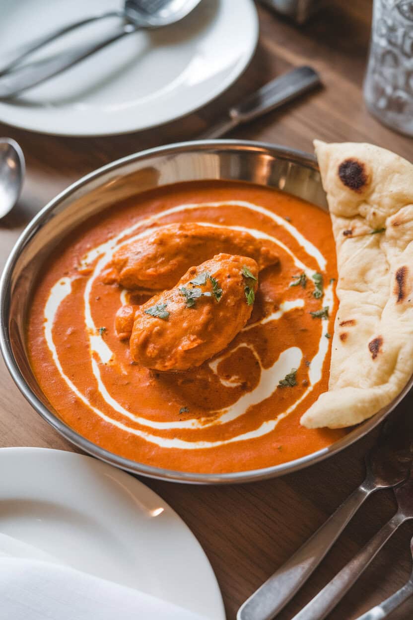 A shallow bowl on an indoor dining table filled with orange-hued chicken tikka masala, swirls of cream on top, and a side of naan peeking in; no text or logos; photo