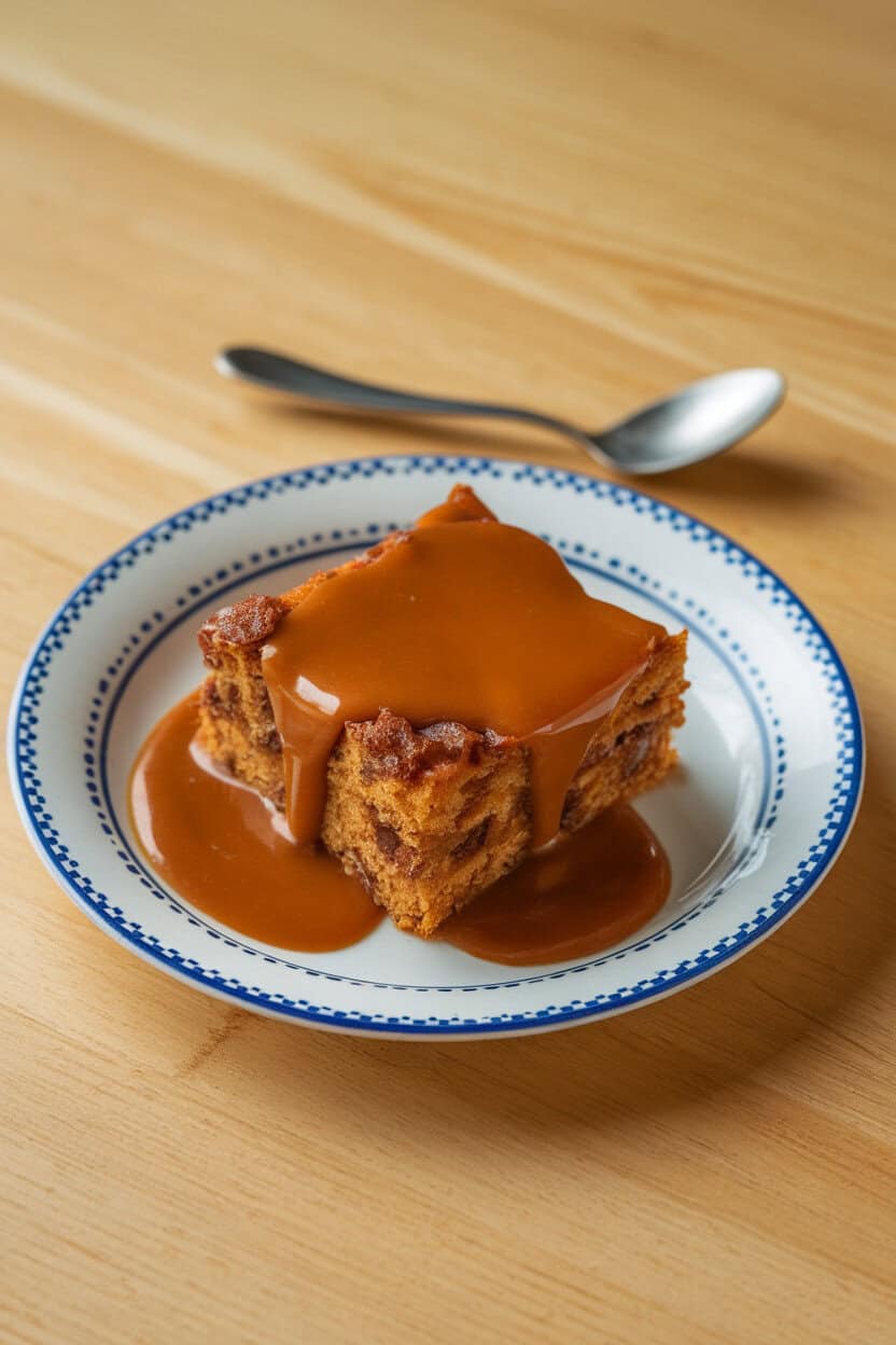 Photo prompt: Indoor dessert plate featuring a moist slice of date cake drenched in warm toffee sauce, a small spoon beside it, no text or logos.