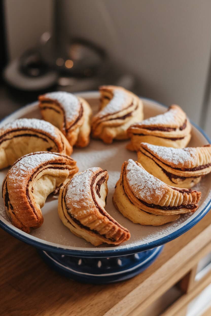 Crescent-shaped rugelach with visible chocolate swirls on an indoor ceramic platter. No text or logos. Photo, not illustration.