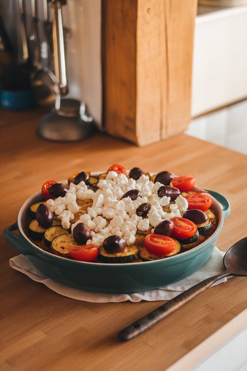 Indoor kitchen island displaying a casserole topped with crumbled feta, roasted zucchini rounds, cherry tomato halves, and Kalamata olives, rustic spoon beside the dish. No text or logos. Photo only.