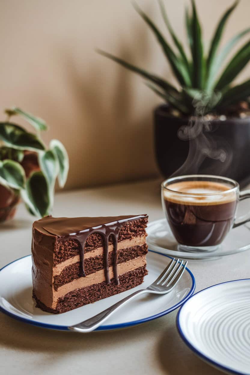 A cozy indoor table with a rich slice of chocolate cake, espresso buttercream between the layers and glossy ganache dripping down the sides. Steam from a cup of coffee in the background; photo, no logos.