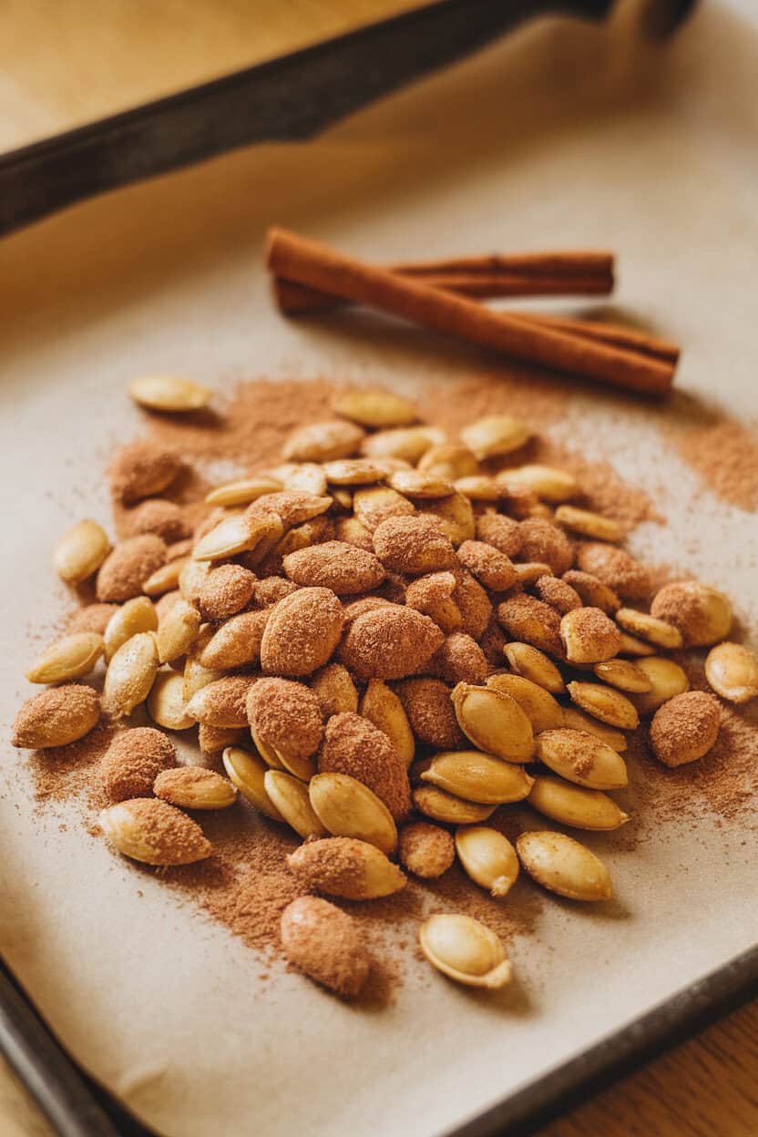 An indoor kitchen tray with roasted pumpkin seeds dusted in cinnamon sugar, a small cinnamon stick nearby. Warm lighting, no logos. Photo only.