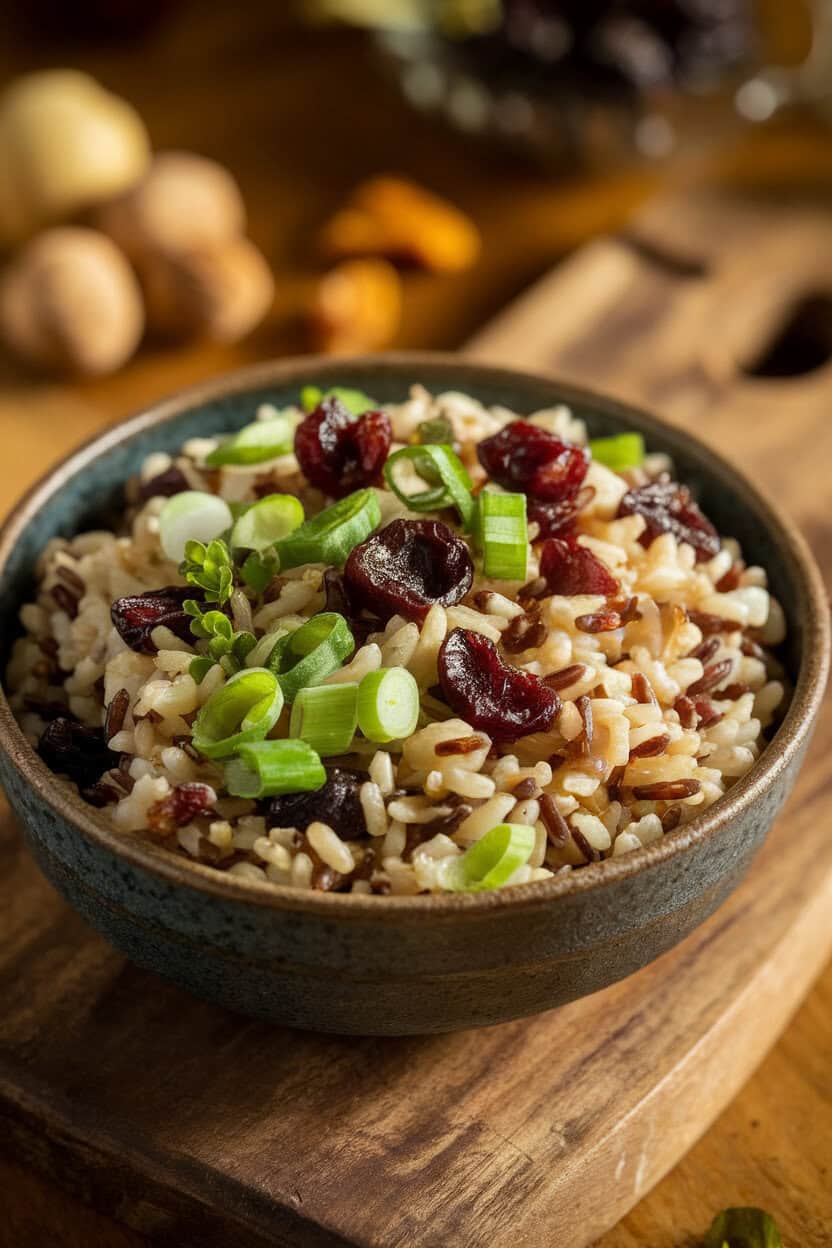 An indoor buffet table featuring a rustic bowl of cooked wild rice mixed with dried cherries, sliced green onions, and chopped fresh herbs, lightly coated in vinaigrette. No text or logos; photo, not illustration.