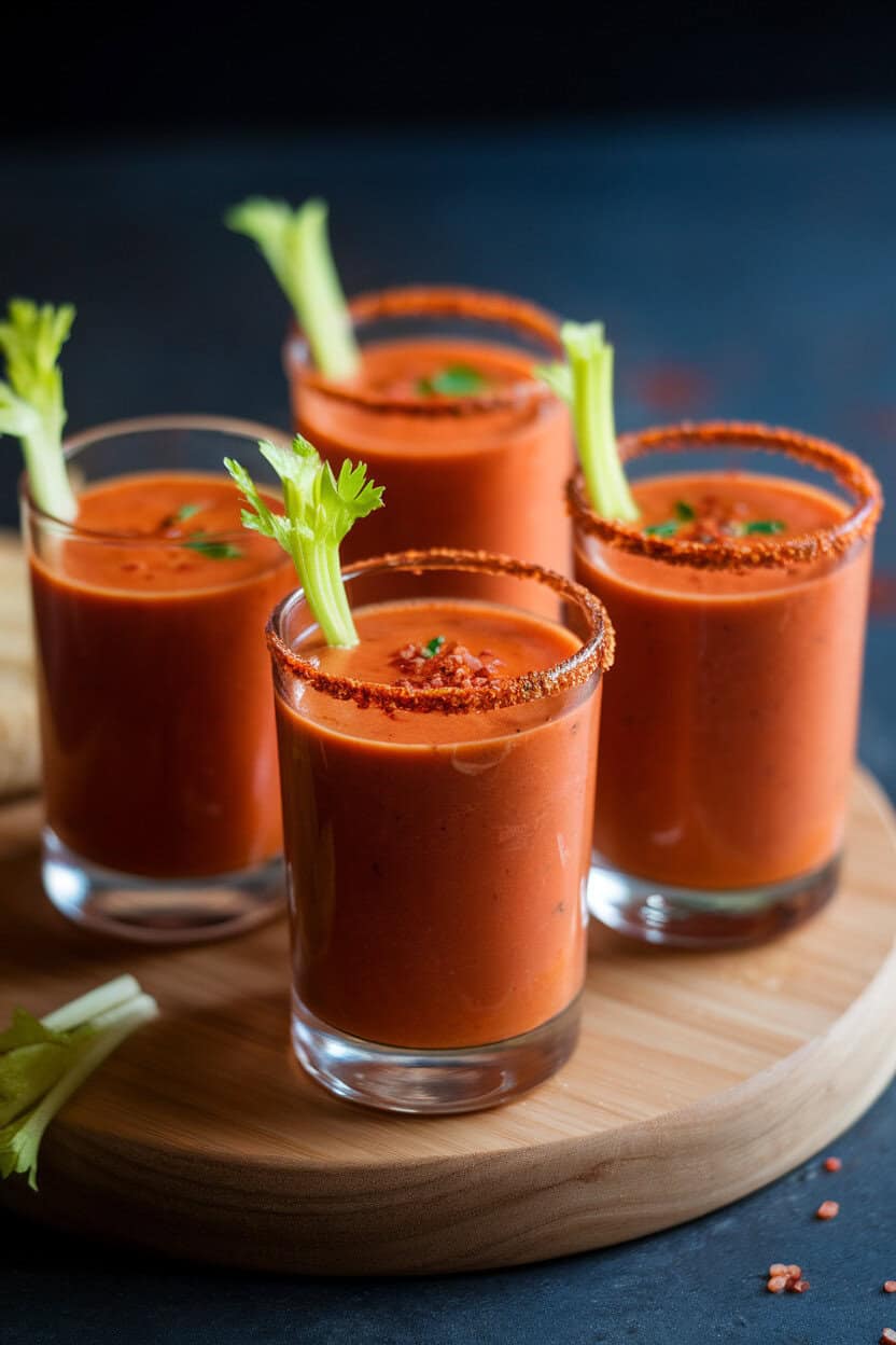 Short glass shooters indoors filled with tomato gazpacho, garnished with tiny celery sticks and a rim of smoked paprika salt. No text or logos. Photo only.