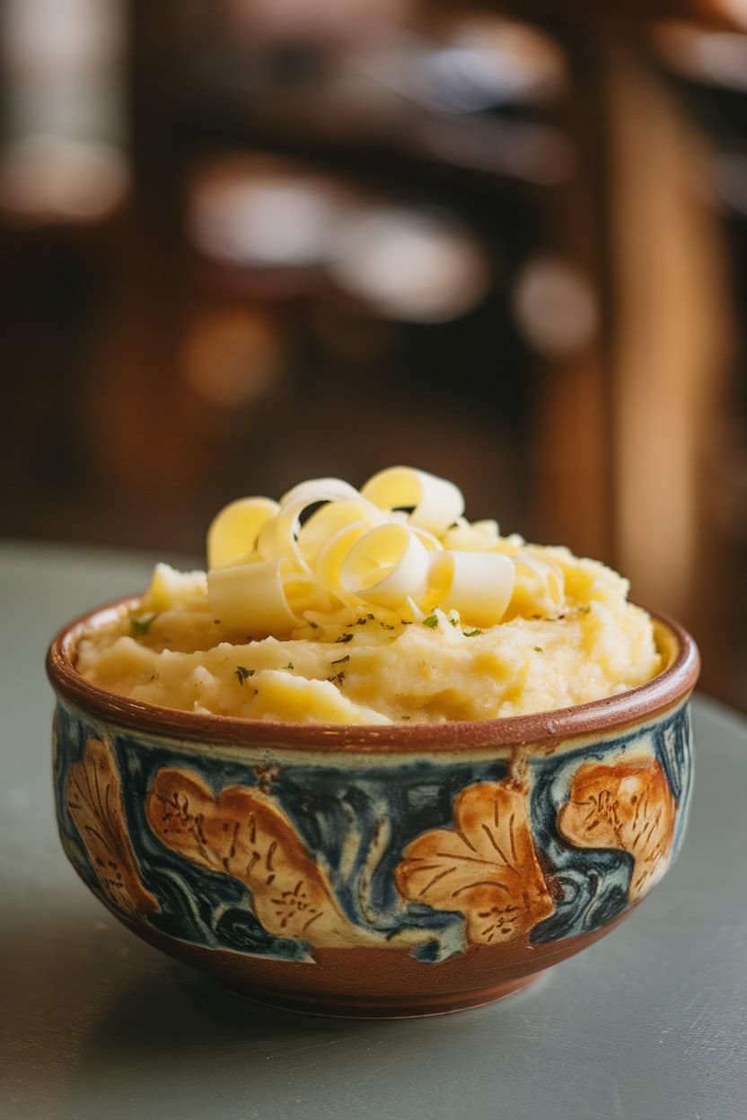 A ceramic bowl of creamy garlic mashed potatoes topped with melting butter curls on an indoor table; photo, no text or logos.