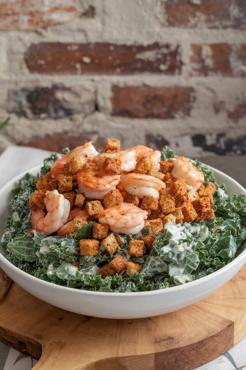 Photo of an indoor serving bowl containing chopped kale tossed in light Caesar dressing, topped with grilled shrimp and whole-grain croutons. No text or logos.