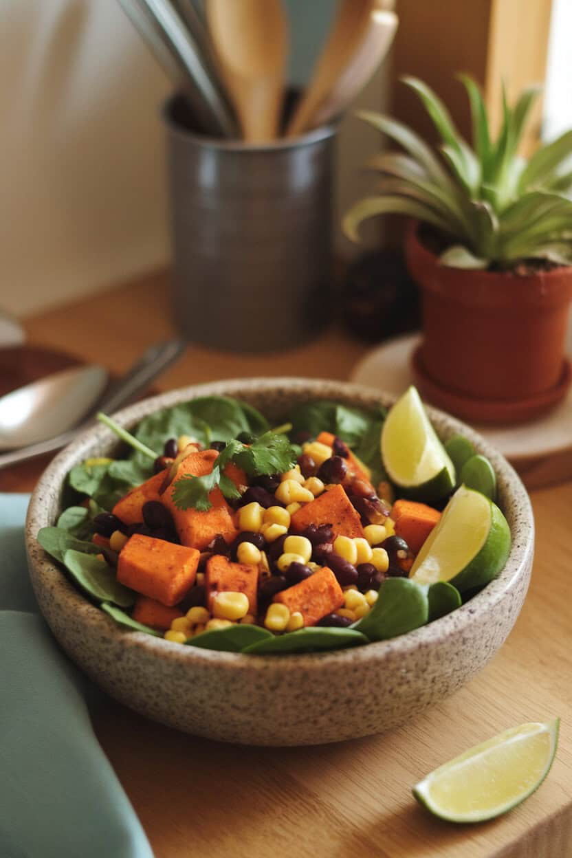 A cozy indoor scene with a stoneware bowl of roasted sweet potato cubes, black beans, corn kernels, and cilantro over baby spinach, lime wedges on the side. No logos or text. Photo.