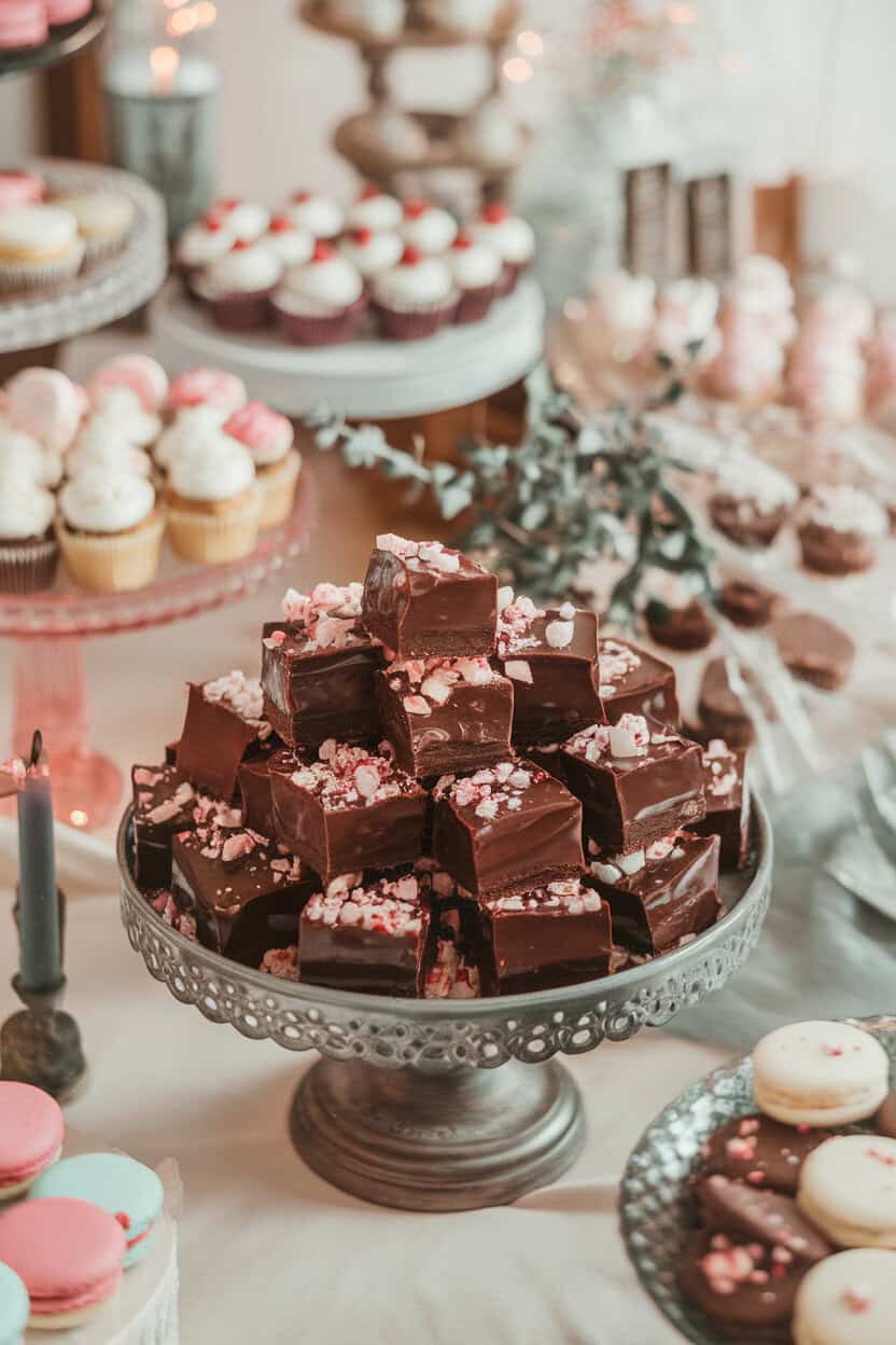 A platter on an indoor dessert table stacked with glossy chocolate brownie bites sprinkled with crushed peppermint candy. No text or logos. Photo, not an illustration.