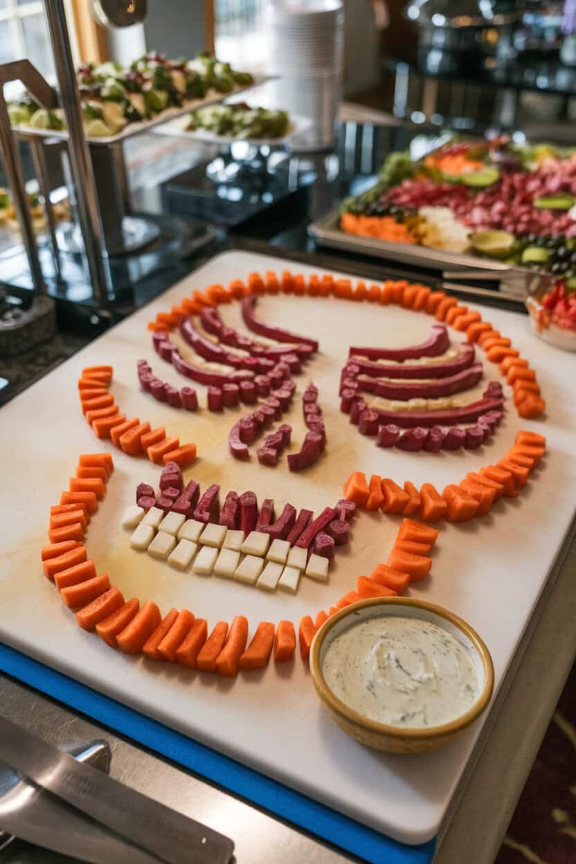 An indoor buffet table featuring a large cutting board arranged with assorted cut vegetables forming a full skeleton shape, plus a small bowl of ranch dip for the skull. No text or logos; photograph.