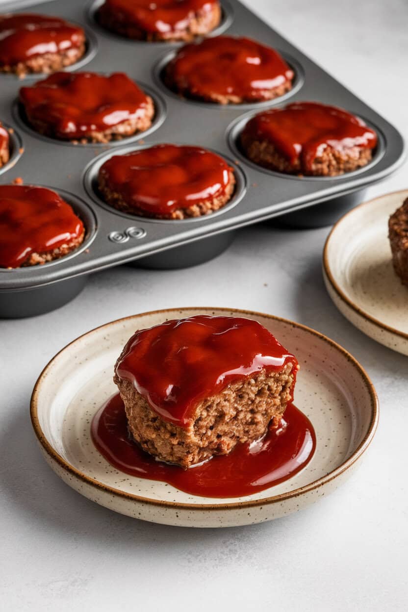 Indoor photo of a muffin tin filled with individual meatloaves topped with shiny ketchup glaze, one removed and plated. No text or logos present.