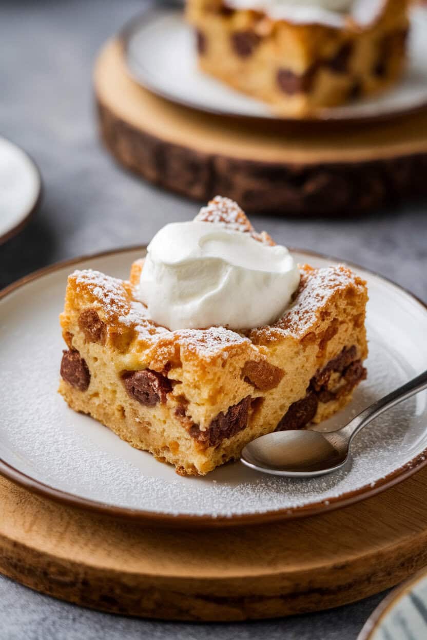 Indoor dessert dish with a square of chai-spiced bread pudding, golden edges, topped with a light dusting of powdered sugar and a spoonful of whipped cream. Photo only, no text or logos.