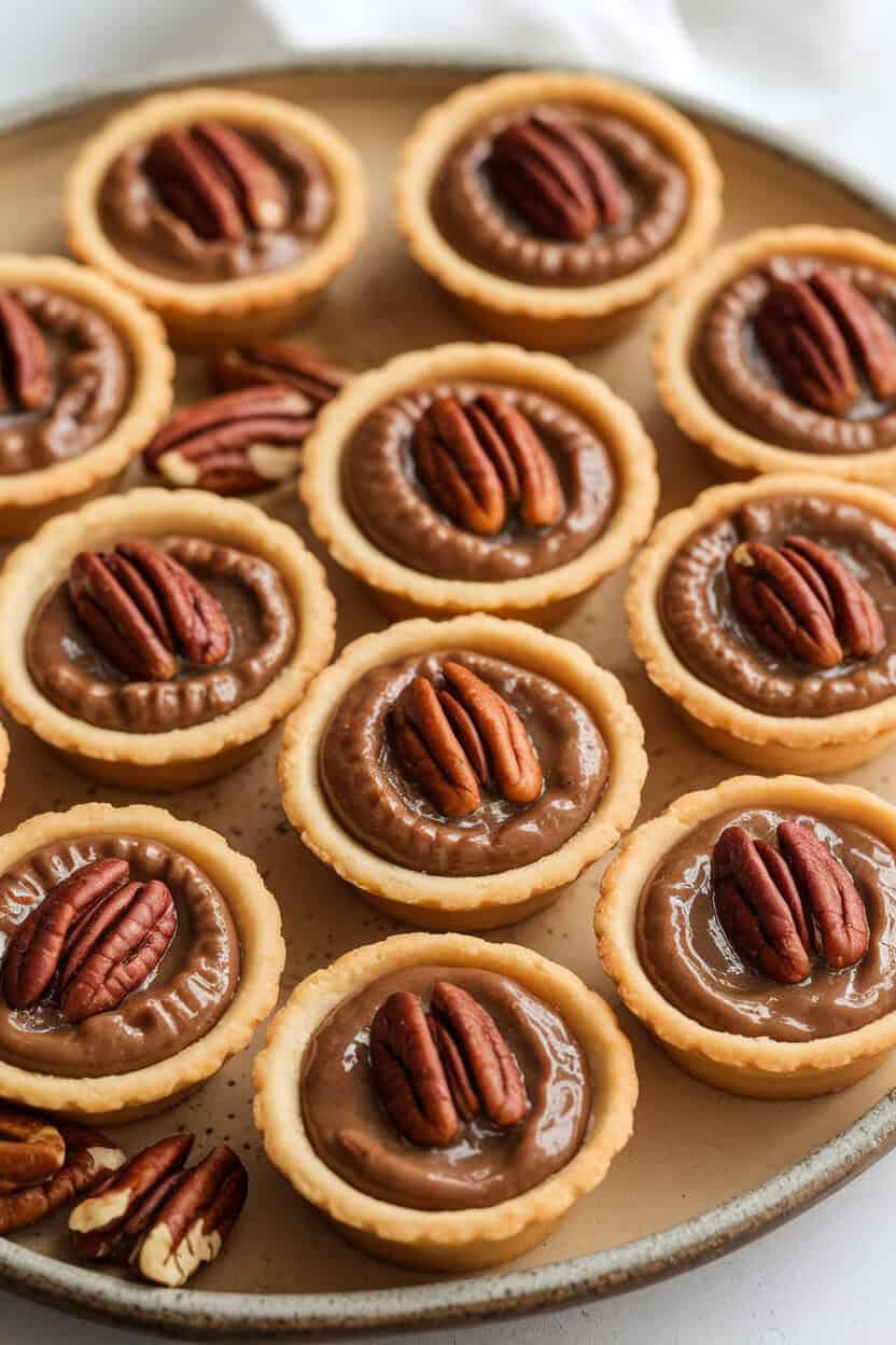 Indoor photo of mini pecan pie tartlets arranged on a ceramic platter, with a sprinkle of chopped toasted pecans around them. No text or logos.