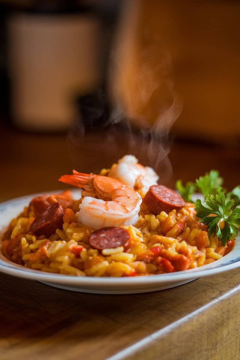 A plate of jambalaya with shrimp, sausage, and rice, photographed indoors with warm lighting, no text or logos present.