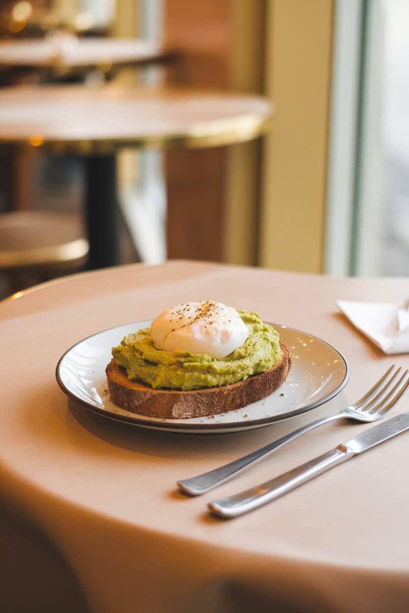 A warmly lit indoor café table displaying toasted rustic bread topped with mashed avocado and a perfectly poached egg, yolk just beginning to ooze. Photo only, no text or logos.