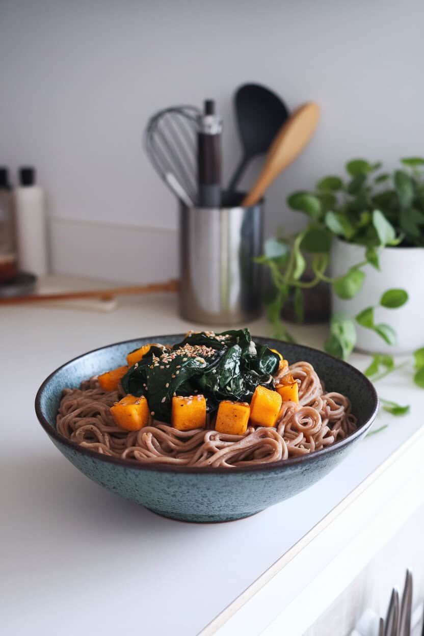 Indoor countertop with a wide bowl of soba noodles, cubes of miso-roasted pumpkin, and baby spinach, sesame seeds sprinkled on top. No logos or text. Photo.